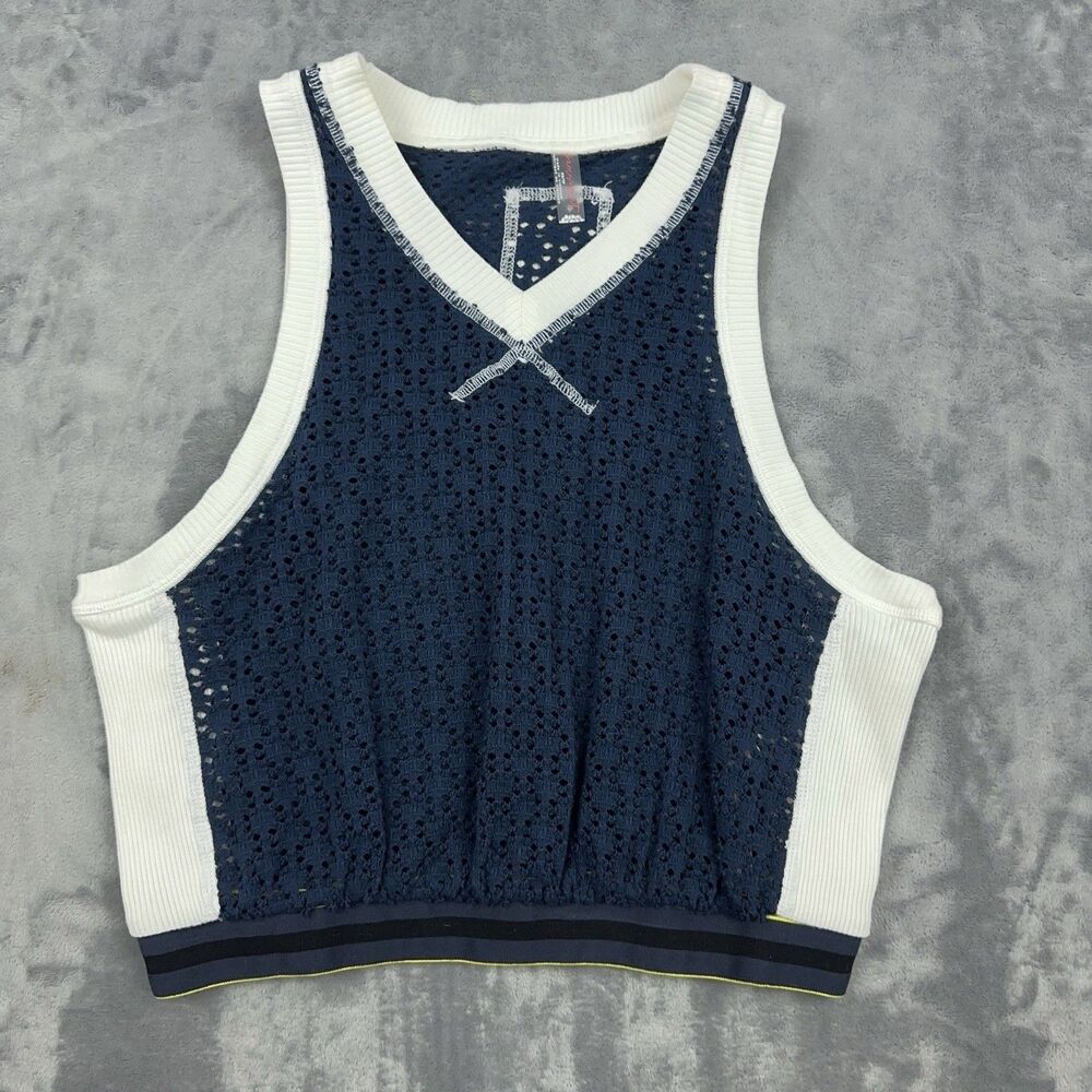 Free People FP Movement Slam Dunk Tank Top Navy White Mesh Knit Crop Womens XS
